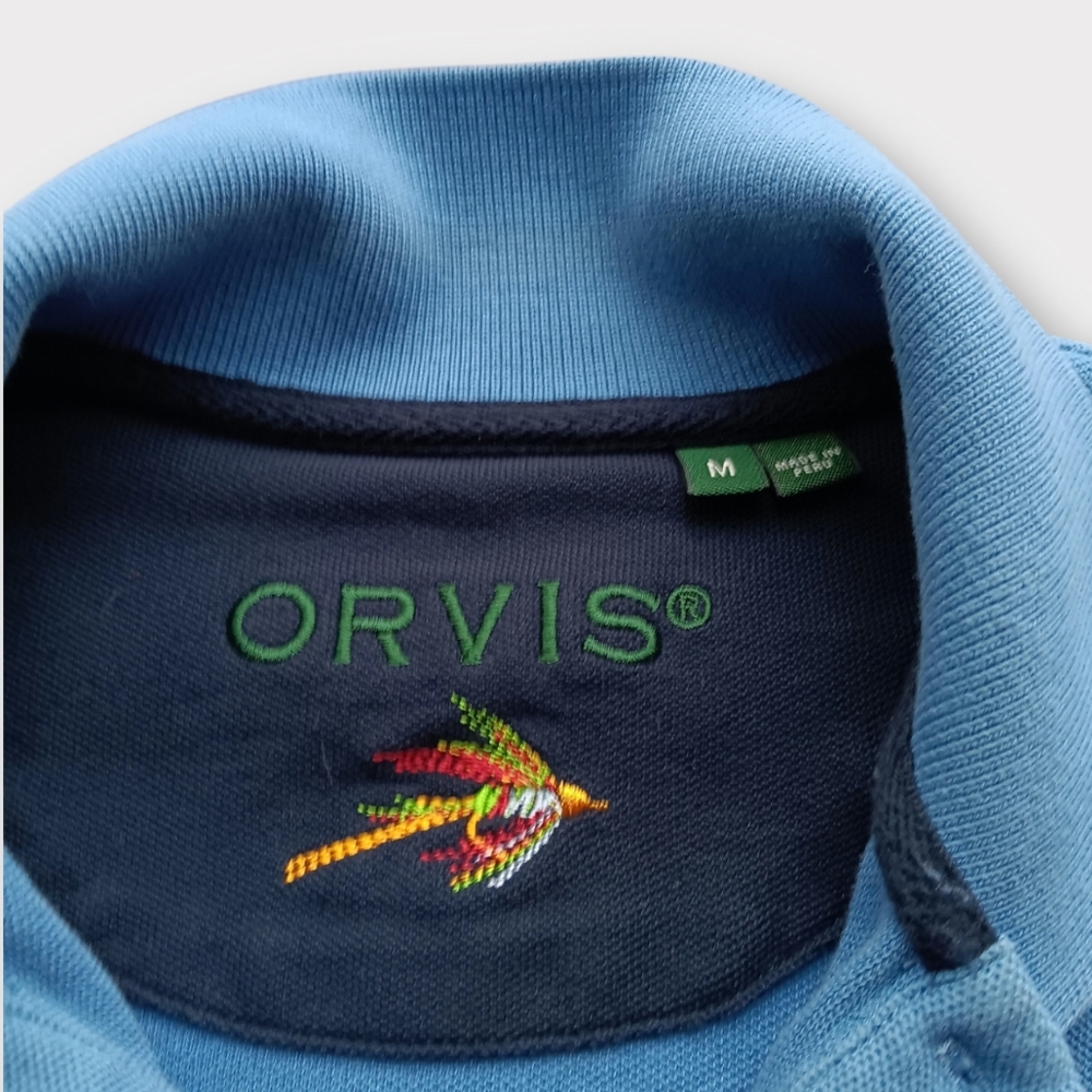 ORVIS MEN'S SIZE MEDIUM BLUE LONG SLEEVE COLLAR 1/4 BUTTON SHIRT. - Picture 2 of 6